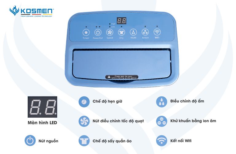 Máy hút ẩm Kosmen KM-20N bảng điều khiển cảm ứng hiện đại, hiển thị trực quan