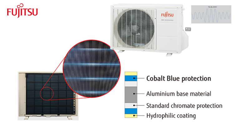 7. Cục nóng điều hòa Fujitsu sử dụng lớp sơn phủ bảo vệ màu xanh cao cấp chống ăn mòn bụi bẩn.