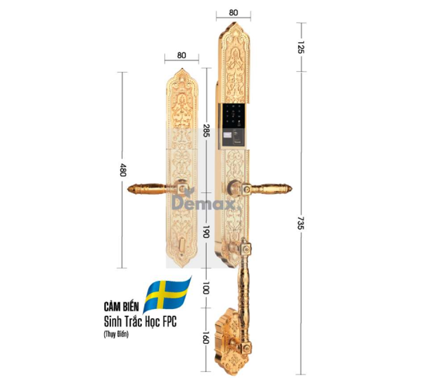 Thông số kỹ thuật Khóa cửa đại sảnh Demax SL 888 24K BRASS