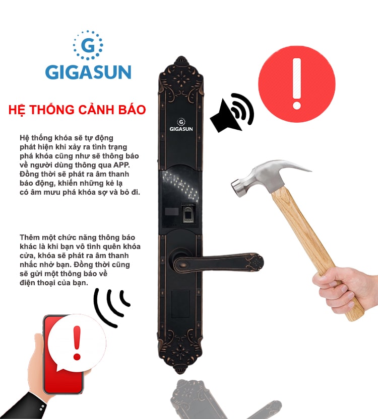 7. Hệ thông cảnh báo tiện lợi trên khoá điện tử Gigasun X2B