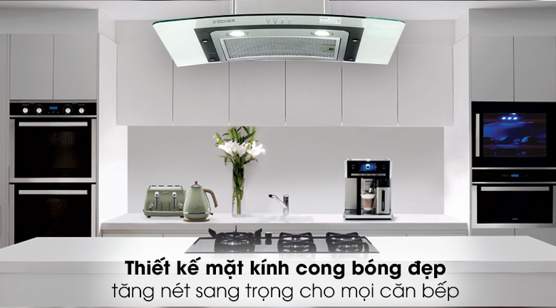 1. Mặt kính cong, vỏ thép không gỉ bóng đẹp trên máy hút mùi Kocher K-228T 70cm