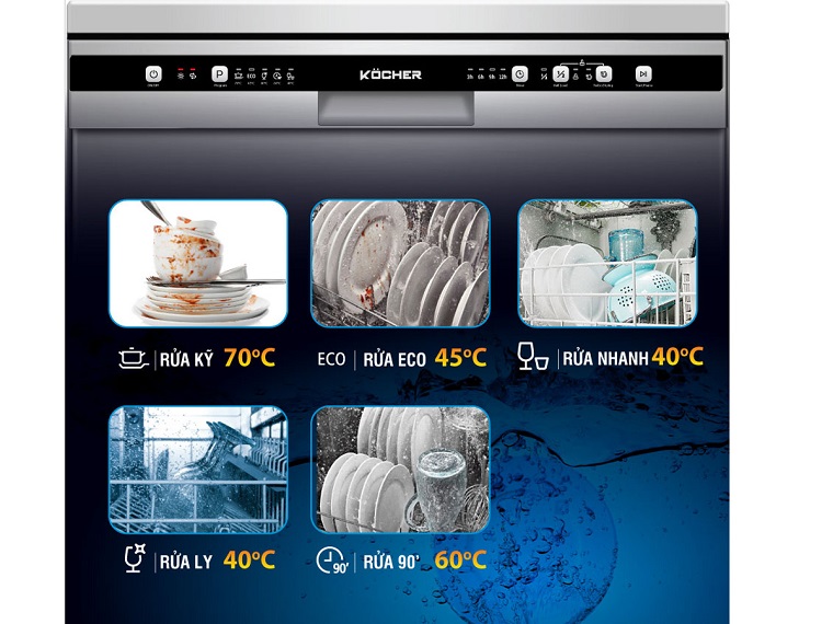 2. Máy rửa bát Kocher KDEU-8818 có 5 chương trình rửa.