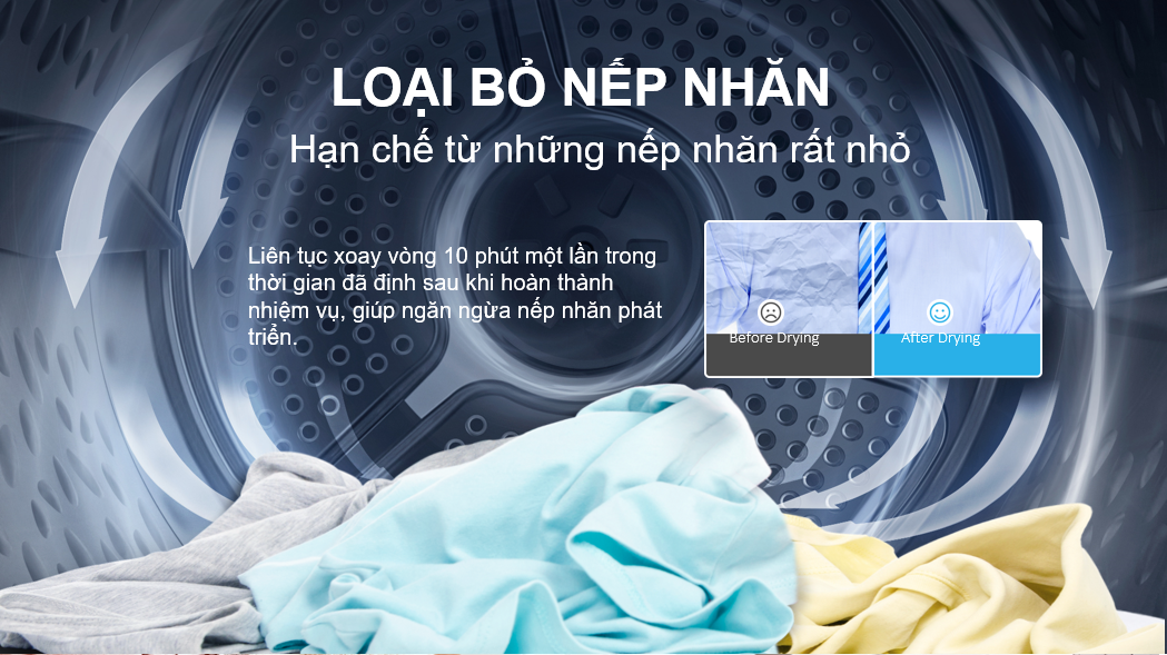 Máy sấy quần áo Casper TD-72VWD loại bỏ nếp nhăn trên quần áo After Drying.