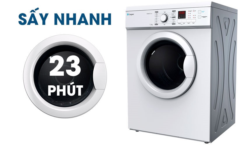 Máy sấy quần áo Casper với chế độ sấy nhanh chỉ mất 23 phút.