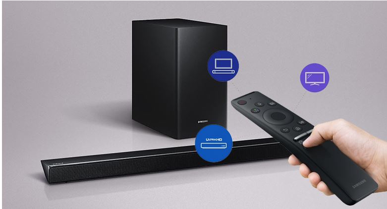 Dàn âm thanh Samsung HW-R650 có điều khiển từ xa giúp điều chỉnh âm lượng, thay đổi các chế độ linh hoạt