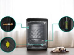 Có thể nhìn thấy bên trong máy giặt.  và ba mảnh được mở rộng trong một vòng tròn.