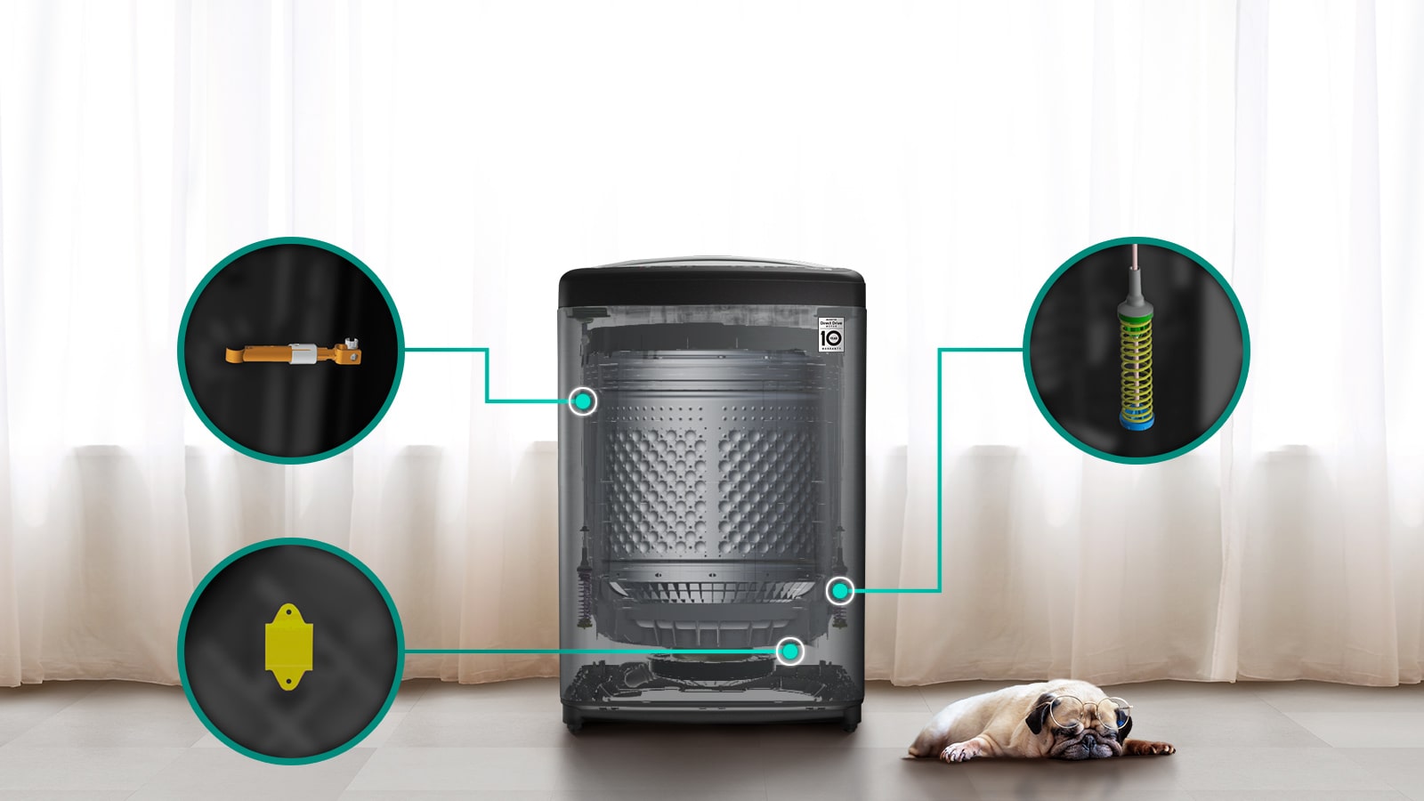 Máy giặt LG TV2519DV7B Inverter 19 kg - Có thể nhìn thấy bên trong máy giặt. và ba mảnh được mở rộng trong một vòng tròn.