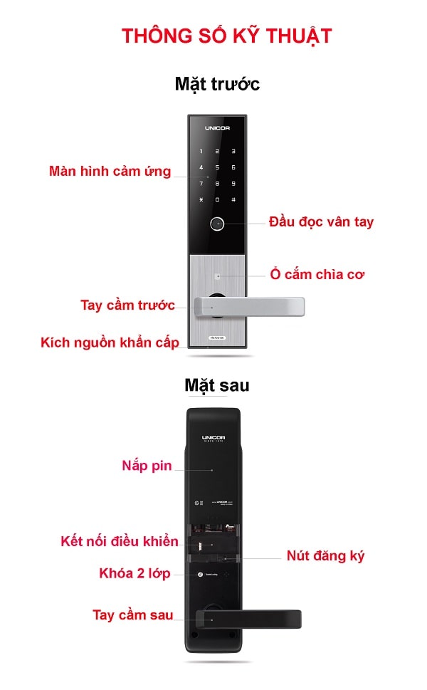 6. Khóa cửa vân tay Unicor M6700BK tính năng mở rộng với màn hình chuông