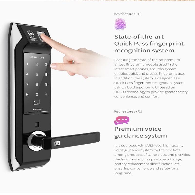 2. Khóa cửa Unicor UN-9000BWSK-F trang bị công nghệ vân tay đa điểm 