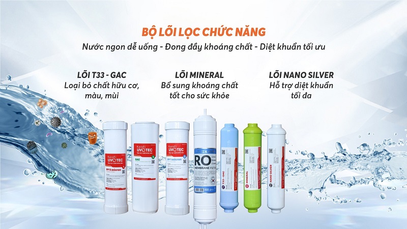 Máy lọc nước Karofi Livotec 600 8 Bộ lõi lọc chức năng tăng cường khoáng chất, đảm bảo sạch khuẩn