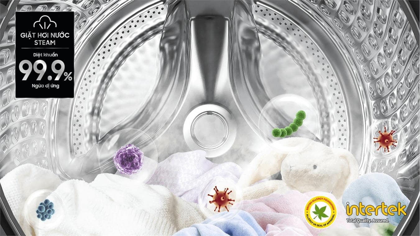 2. Công nghệ giặt hơi nước Hygiene Steam diệt khuẩn và ngừa tác nhân gây dị ứng da tay