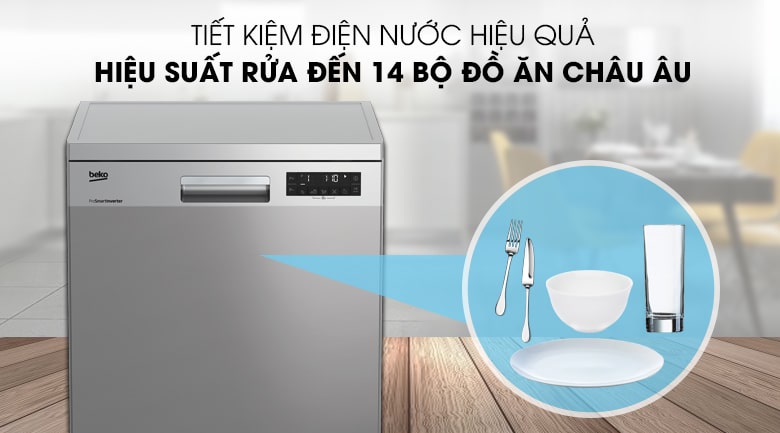 Công suất rửa với sức chứa lên đến 14 bộ chén đĩa châu Âu
