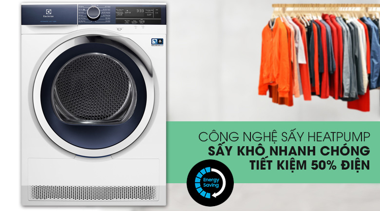 Máy sấy bơm nhiệt Electrolux EDH903BEWA tiết kiệm 50% điện năng nhờ công nghệ Heat pump