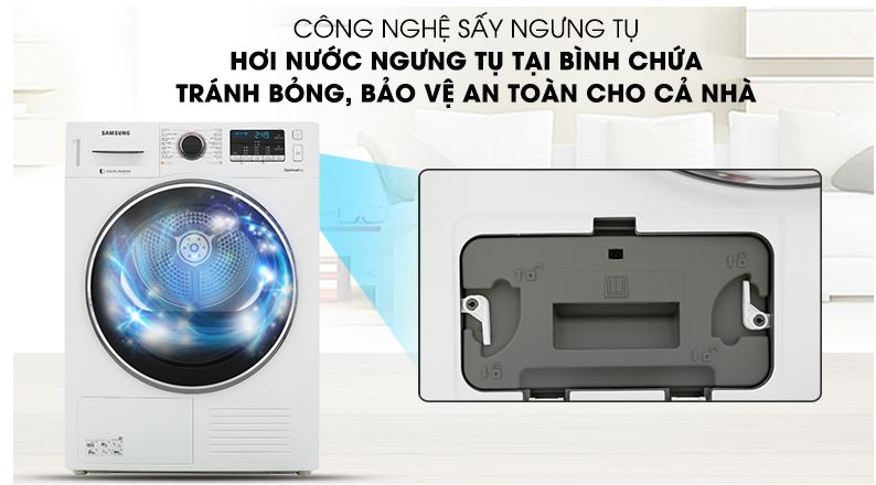Máy sấy bơm nhiệt Samsung Inverter 9 Kg DV90M5200QW/SV 10 Tránh bỏng, bảo vệ an toàn cho gia đình có trẻ em với công nghệ sấy ngưng tụ