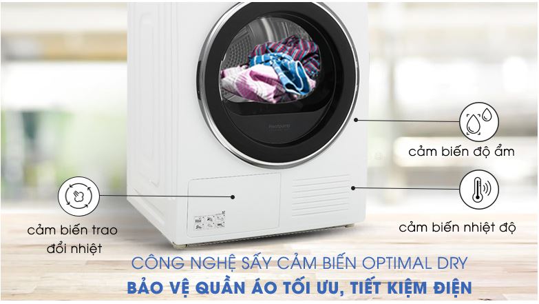 Máy sấy bơm nhiệt Samsung Inverter 9 Kg DV90M5200QW/SV 11 Công nghệ sấy cảm biến Optimal Dry sấy khô quần áo hiệu quả