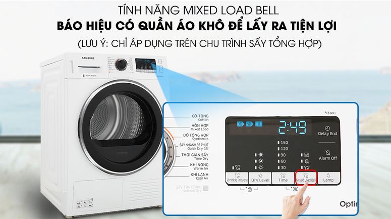 Máy sấy bơm nhiệt Samsung Inverter 9 Kg DV90M5200QW/SV 15 Tính năng Mixed Load Bell báo hiệu đã có quần áo khô khi sấy tổng hợp