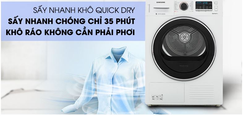 Máy sấy bơm nhiệt Samsung Inverter 9 Kg DV90M5200QW/SV 9 Sấy khô nhanh trong vòng 35 phút với tính năng Quick Dry