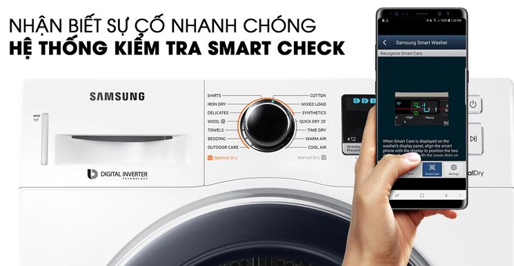 Máy sấy bơm nhiệt Samsung Inverter 9 Kg DV90M5200QW/SV 14 Phát hiện sự cố nhanh với hệ thống Smart Check