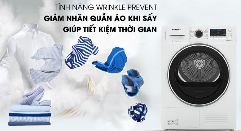Máy sấy bơm nhiệt Samsung Inverter 9 Kg DV90M5200QW/SV 12 Tính năng Wrinkle Prevent giảm nhăn cho quần áo sau khi sấy