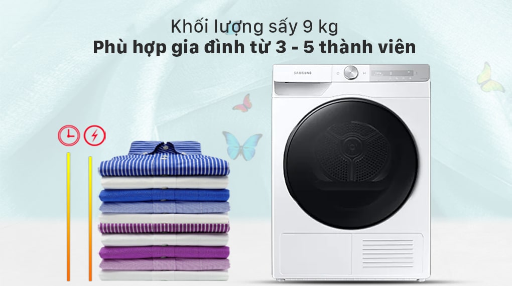 Khối lượng sấy 9 kg, phù hợp gia đình 3 - 5 thành viên