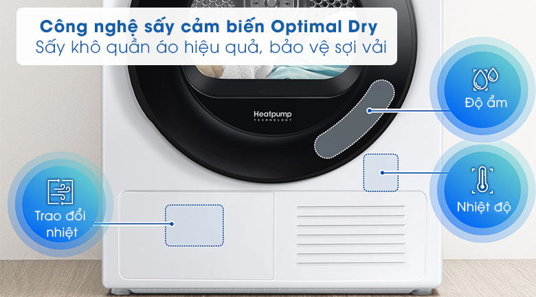 Máy sấy bơm nhiệt Samsung 9 kg DV90TA240AE/SV 8 Công nghệ cảm biến Optimal Dry giúp quần áo khô nhanh chóng.