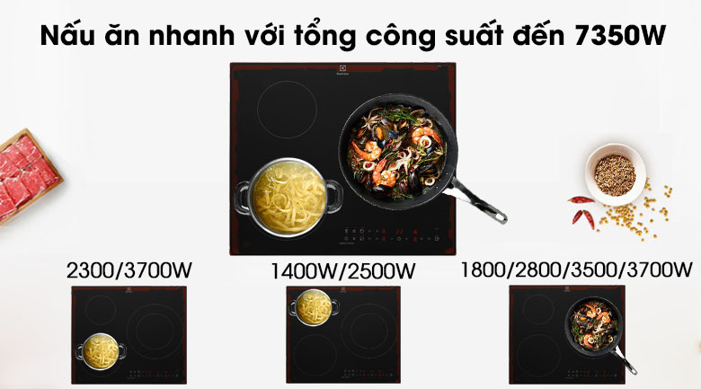 1. Bếp từ 3 vùng nấu Electrolux LIT60336 hoạt động với công suất tổng là 7350W