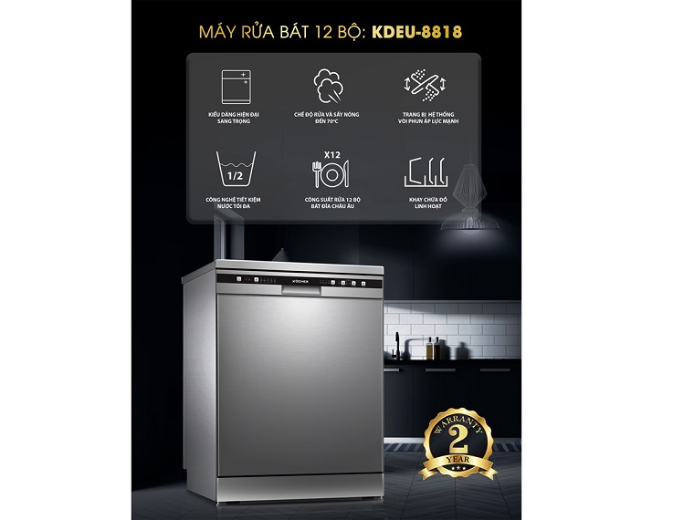 Máy rửa bát Kocher KDEU-8818 (12 bộ) 7 4. Sức chứa lên 12 bộ bát đĩa theo tiêu chuẩn Châu Âu.