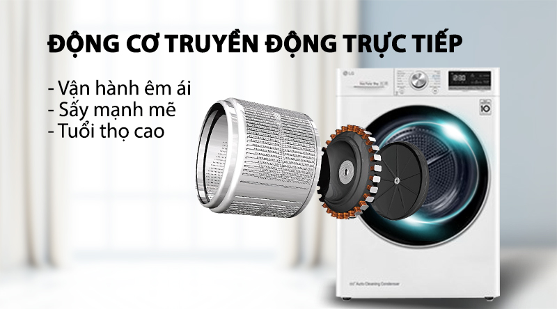 Máy sấy bơm nhiệt LG 9 Kg DVHP09W 9 Vận hành êm ả không gây ồn ào của Máy sấy LG DVHP09W.