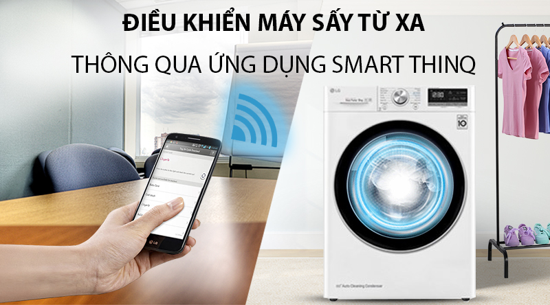 Máy sấy bơm nhiệt LG 9 Kg DVHP09W 10 Máy sấy LG DVHP09W trang bị tính năng điều khiển từ xa.