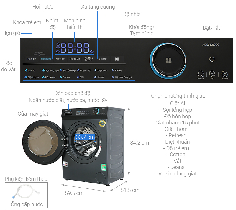 2. Thông số kỹ thuật chi tiết máy giặt Aqua Inverter 9 kg AQDD902GBK
