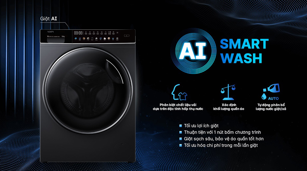 Máy giặt Aqua Inverter 10 kg AQD-DDW1000J BK - Công nghệ AI Smart Wash tối ưu chương trình giặt, tiết kiệm chi phí cho người dùng Máy giặt Aqua Inverter 10 kg AQD-DDW1000J BK - Công nghệ AI Smart Wash tối ưu chương trình giặt, tiết kiệm chi phí cho người dùng