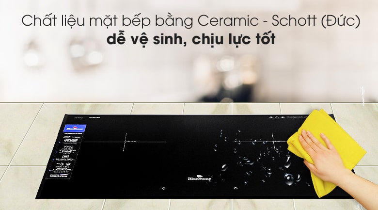 Bếp từ đôi Bluestone ICB-6948 14 3. Kính mặt bếp Ceramic - Schott Ceran (Đức) giúp chịu nhiệt, chịu lực tốt, chống trầy xước, dễ vệ sinh