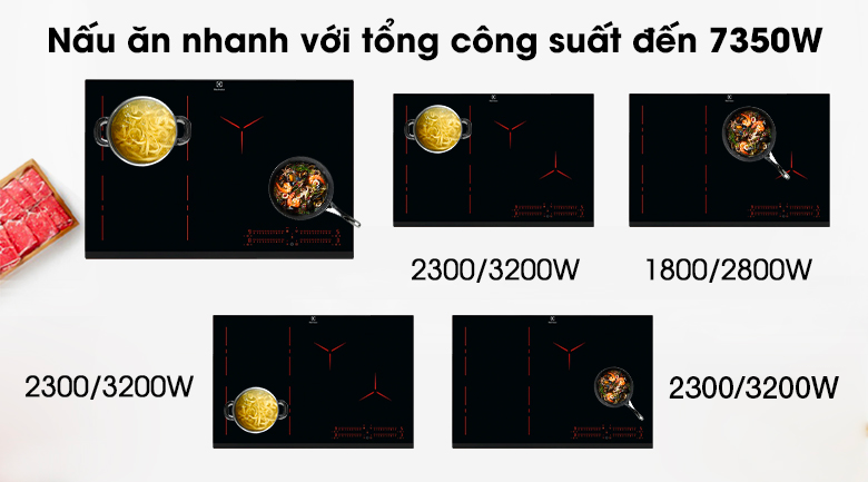 1. Bếp từ có 4 vùng nấu hoạt động với tổng công suất 7350W mạnh mẽ