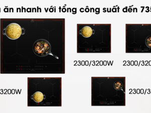 1. Bếp từ có 4 vùng nấu hoạt động với tổng công suất 7350W nấu nhanh 4 món cùng lúc.