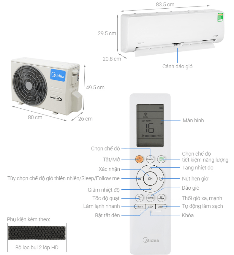 Điều hoà Midea Inverter 1 HP MSAG-10CRDN8 5 1. Phác hoạ tổng quát điều hoà Midea Inverter 1 HP MSAG-10CRDN8