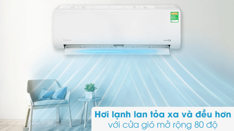 Điều hoà Midea Inverter 1 HP MSAG-10CRDN8 10 Cửa gió mở rộng đến 80 độ giúp làm lạnh xa và đều hơn
