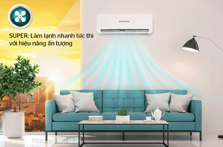 Điều hòa Sunhouse SHR-AW09C120 9000BTU 1 chiều 9 6. Máy lạnh 9000BTU Sunghouse SHR-AW09C120 có chế độ SUPER làm lạnh nhanh tức thì