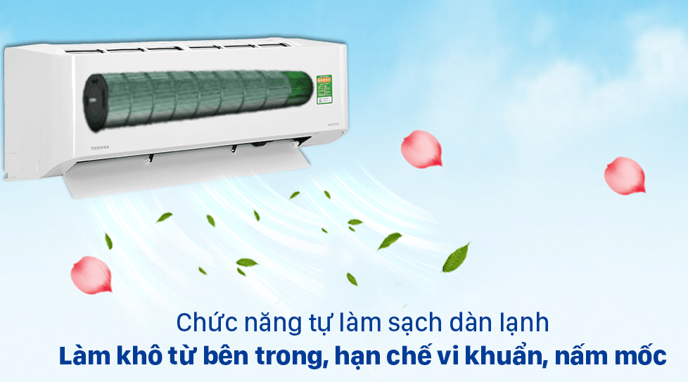 Điều hòa Toshiba RAS-H13L3KCVG-V inverter 12000BTU 10 5. Điều hòa Toshiba RAS-H13L3KCVG-V có chức năng tự làm sạch giúp hạn chế vi khuẩn, nấm mốc