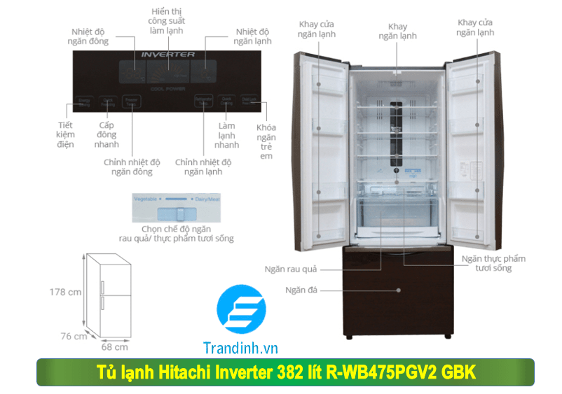 Tủ lạnh Hitachi Inverter 382 lít R-WB475PGV2 GBK 6 Hình ảnh mô tả tổng quan tủ lạnh Hitachi R-WB475PGV2 GBK