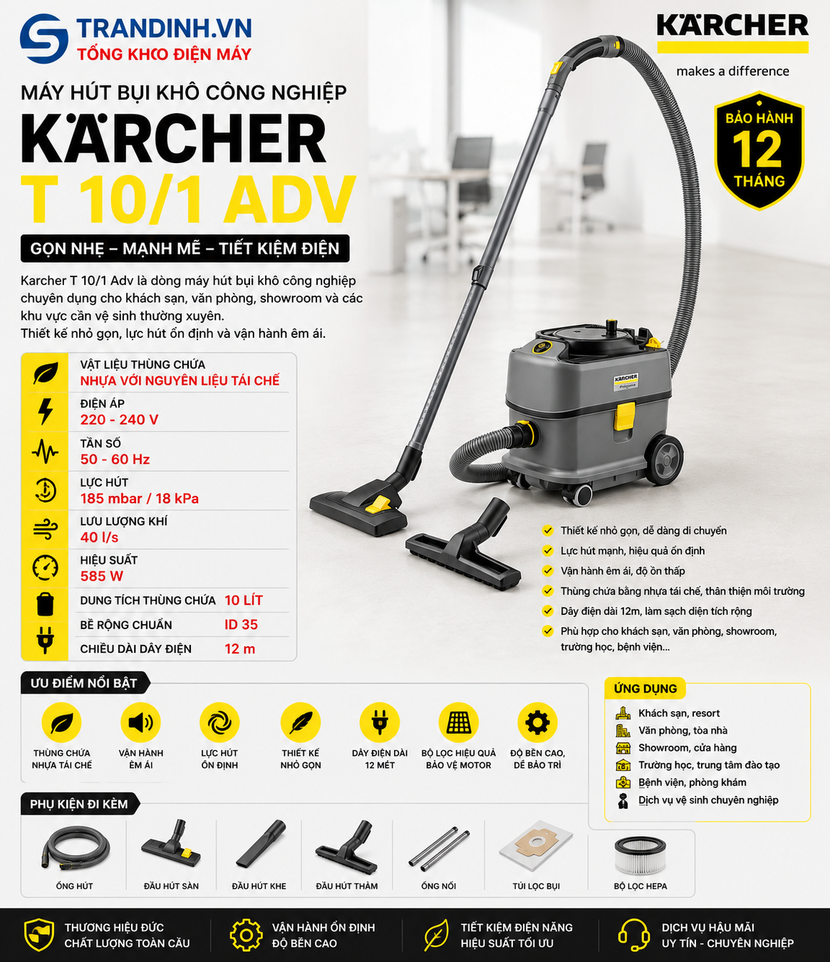 Máy hút bụi khô công nghiệp Karcher T 10/1 Adv