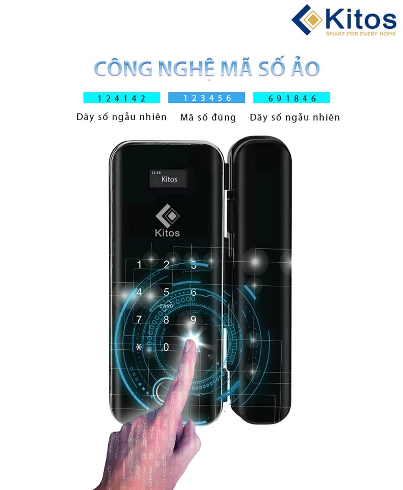 4. Khóa cửa kính vân tay Kitos KT-GL50 trang bị công nghệ mã số ảo