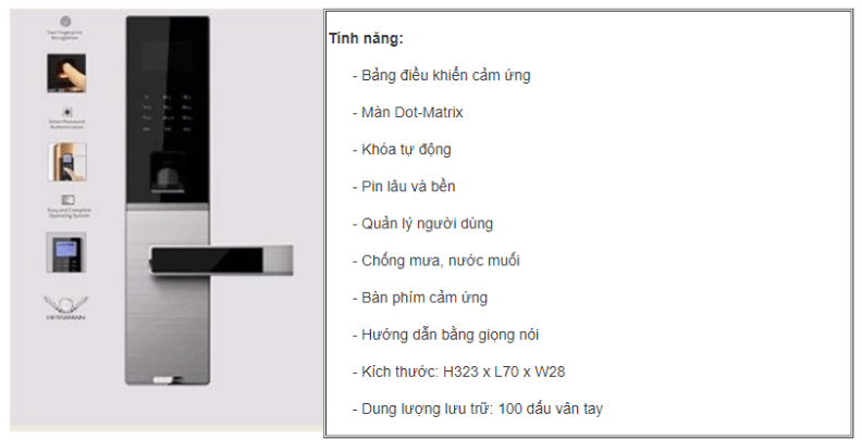 2. Thông số kỹ thuật khóa cửa điện tử thông minh DESSMANN G810