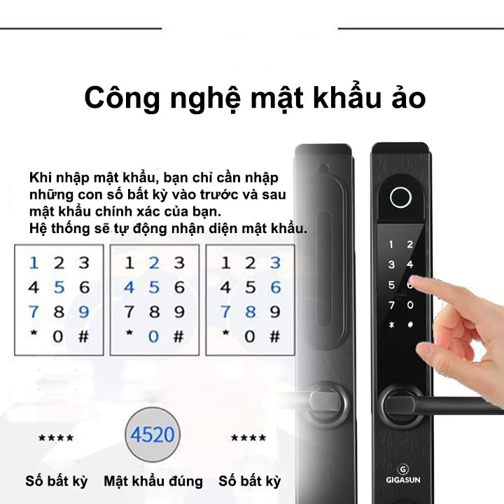 Khoá cửa nhôm Gigasun A02B - Vân tay, mã số, thẻ từ, App 8 Tính năng mã số ảo nâng cao độ bảo mật