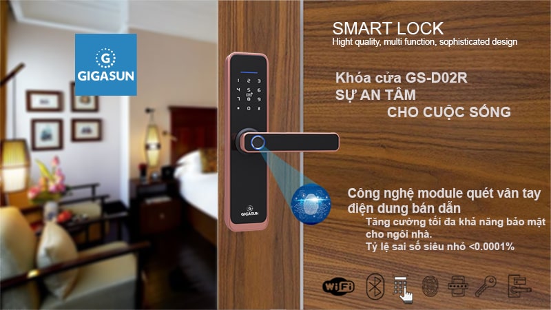 Khoá điện tử Gigasun D02R - Vân tay, mã số, thẻ từ, App 5 Mở khóa bằng vân tay