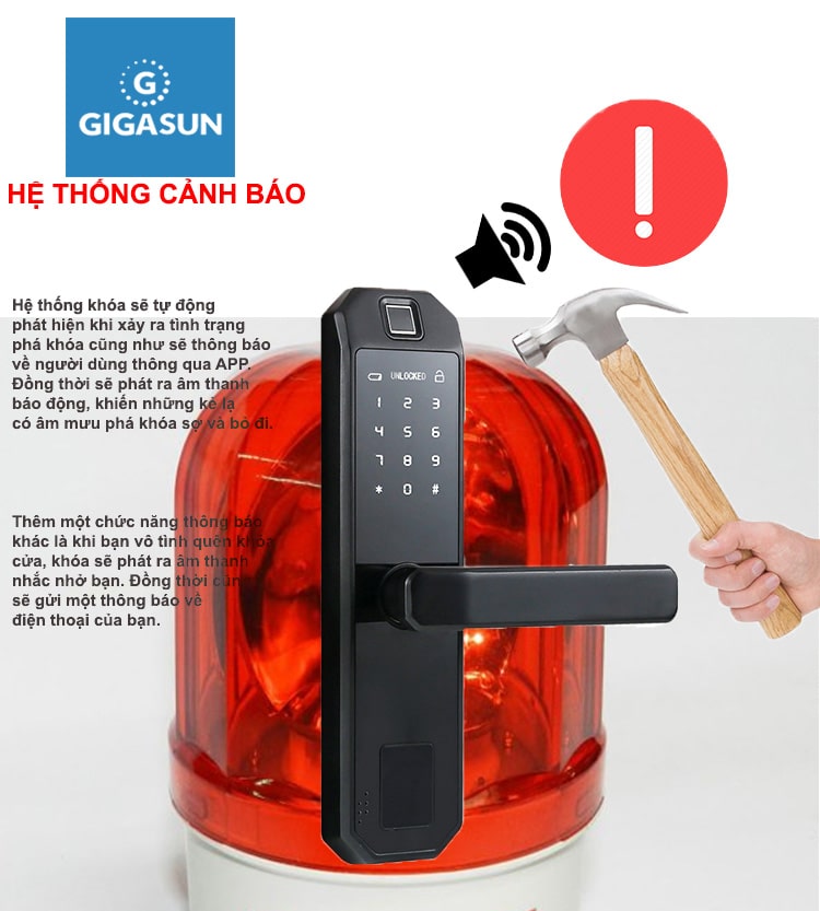 4. Tính năng cảnh báo tiện ích trên khoá điện tử Gigasun D04B