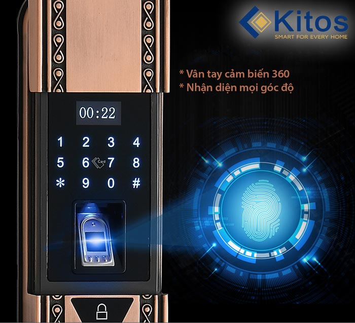 4. Công nghệ vân tay đa điểm 360 siêu nhạy trên khoá thông minh Kitos KT C300