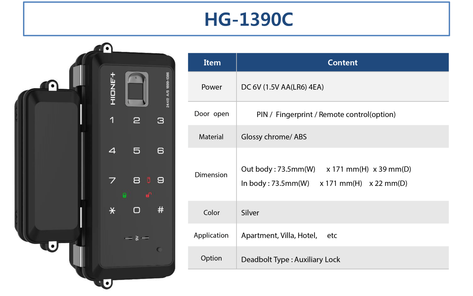 Khóa vân tay cửa kính Hione HG-1390C 4 7. Thông số kỹ thuật Khóa vân tay cửa kính Hione HG 1390C