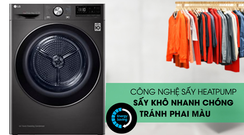 Máy sấy bơm nhiệt LG 9 Kg DVHP09B 9 Sấy khô nhanh chóng tránh phai màu