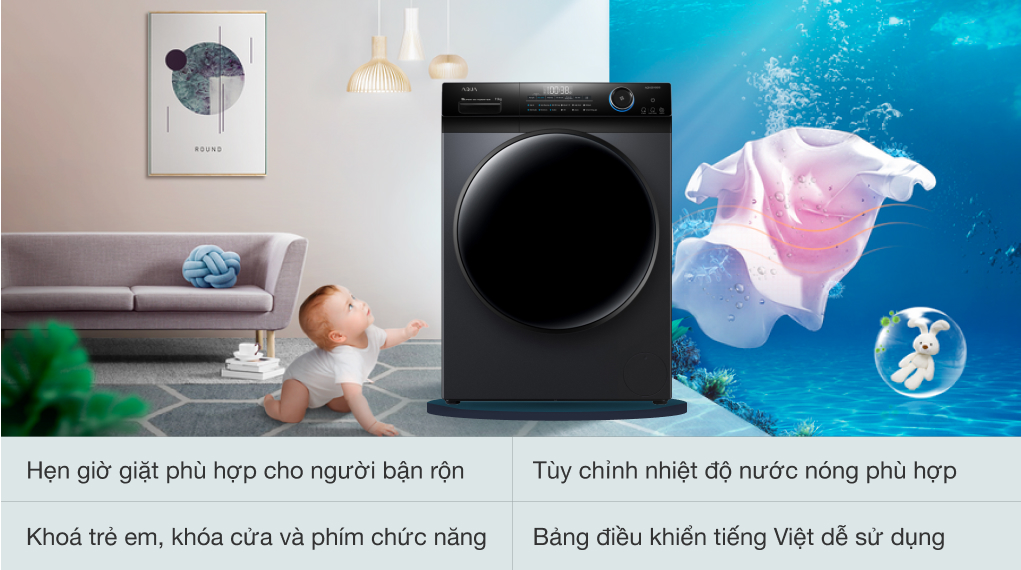 Tiện ích máy giặt cửa ngang Aqua AQD - DD1102G.BK 