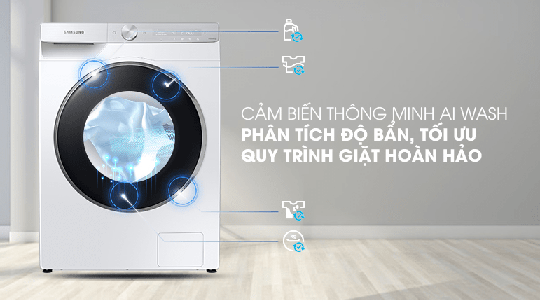 Máy giặt Samsung 9kg AI Inverter WW90TP44DSH/SV 15 Cảm biến thông minh AI Wash phân tích độ bẩn, tối ưu quy trình giặt hoàn hảo
